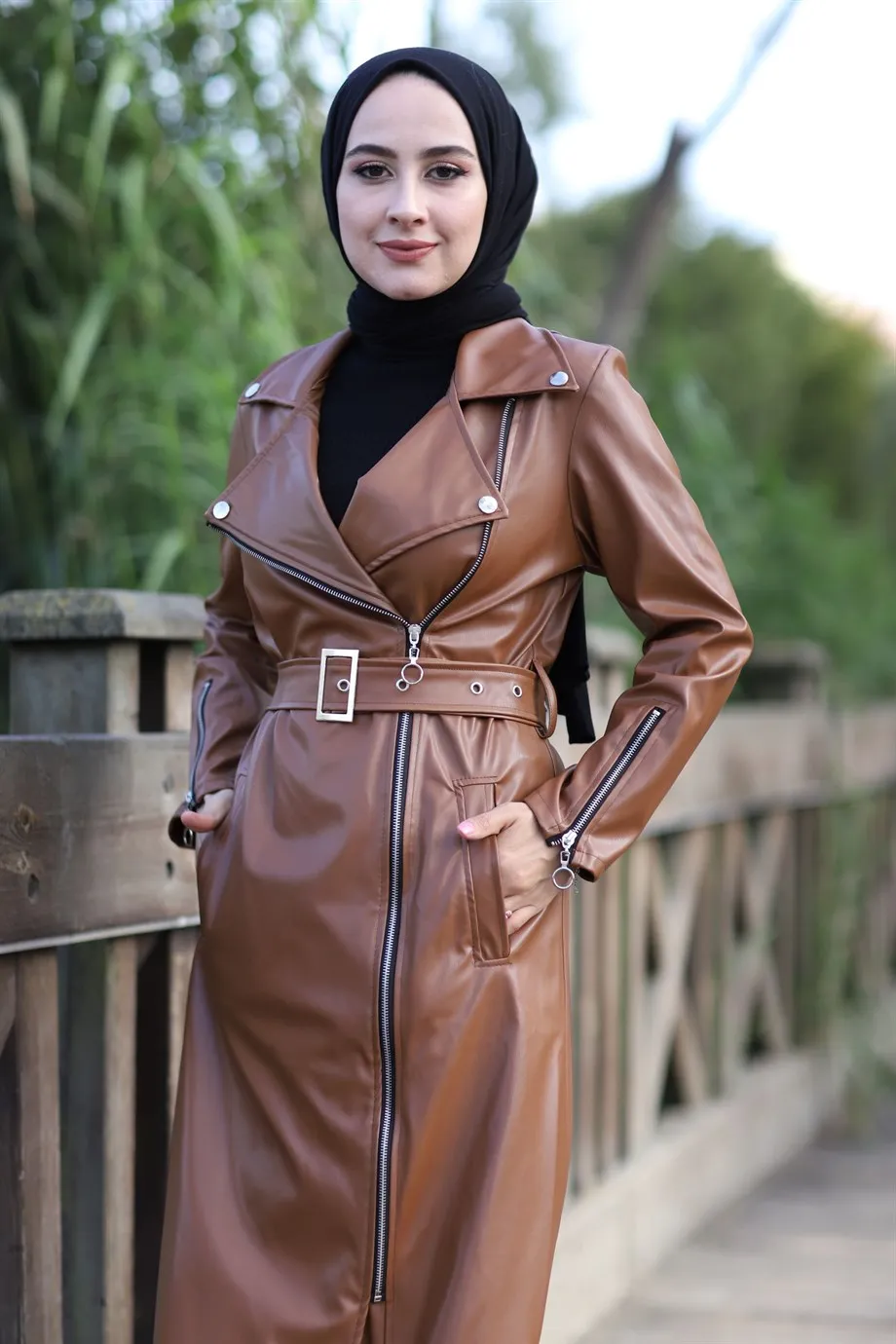 Women long leather trench coat with pockets kemerli hijab long faux leather trench coat Muslim fashion daily casual use women's outerwear jacket