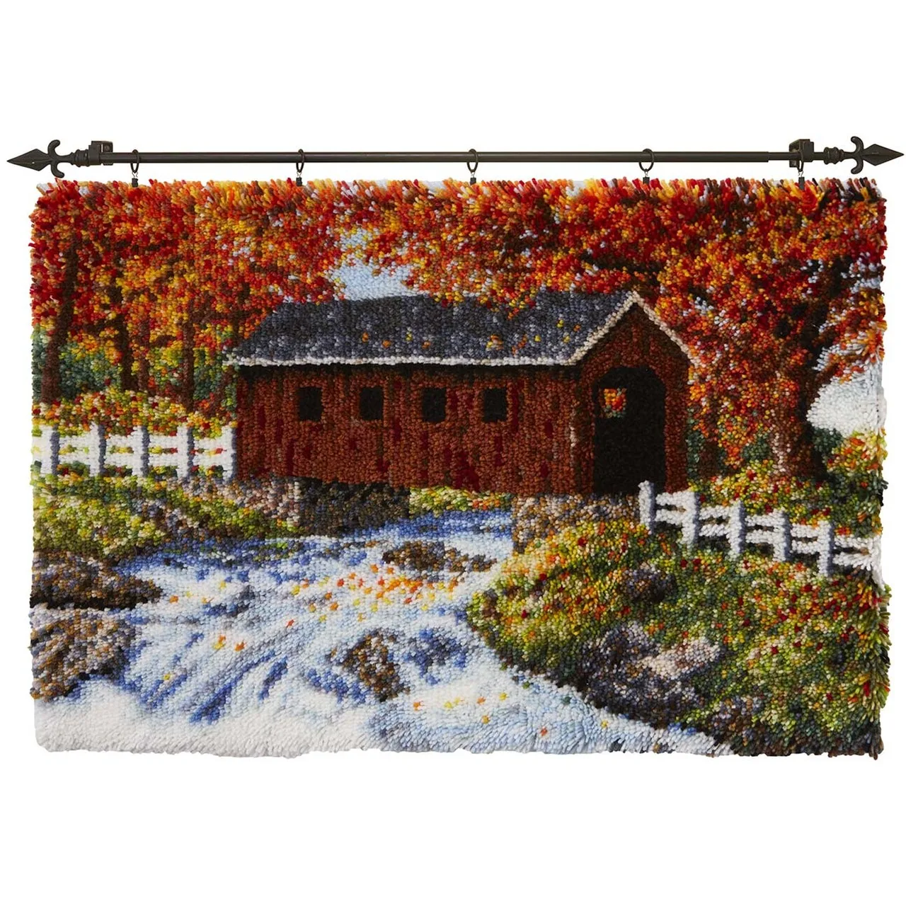 

Latch Hook Kits Autumn Covered Bridge Wall Hanging DIY Carpet Rug Pre-Printed Canvas with Non-Skid Backing Floor Mat 102x69cm