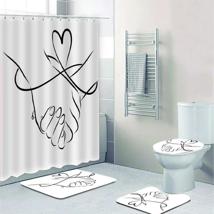 

Love Heart Drawing Sketch Line Art Couple Bathroom Shower Curtain Set Holding Hand Bath Mats Valentine Wedding Engagement Gift