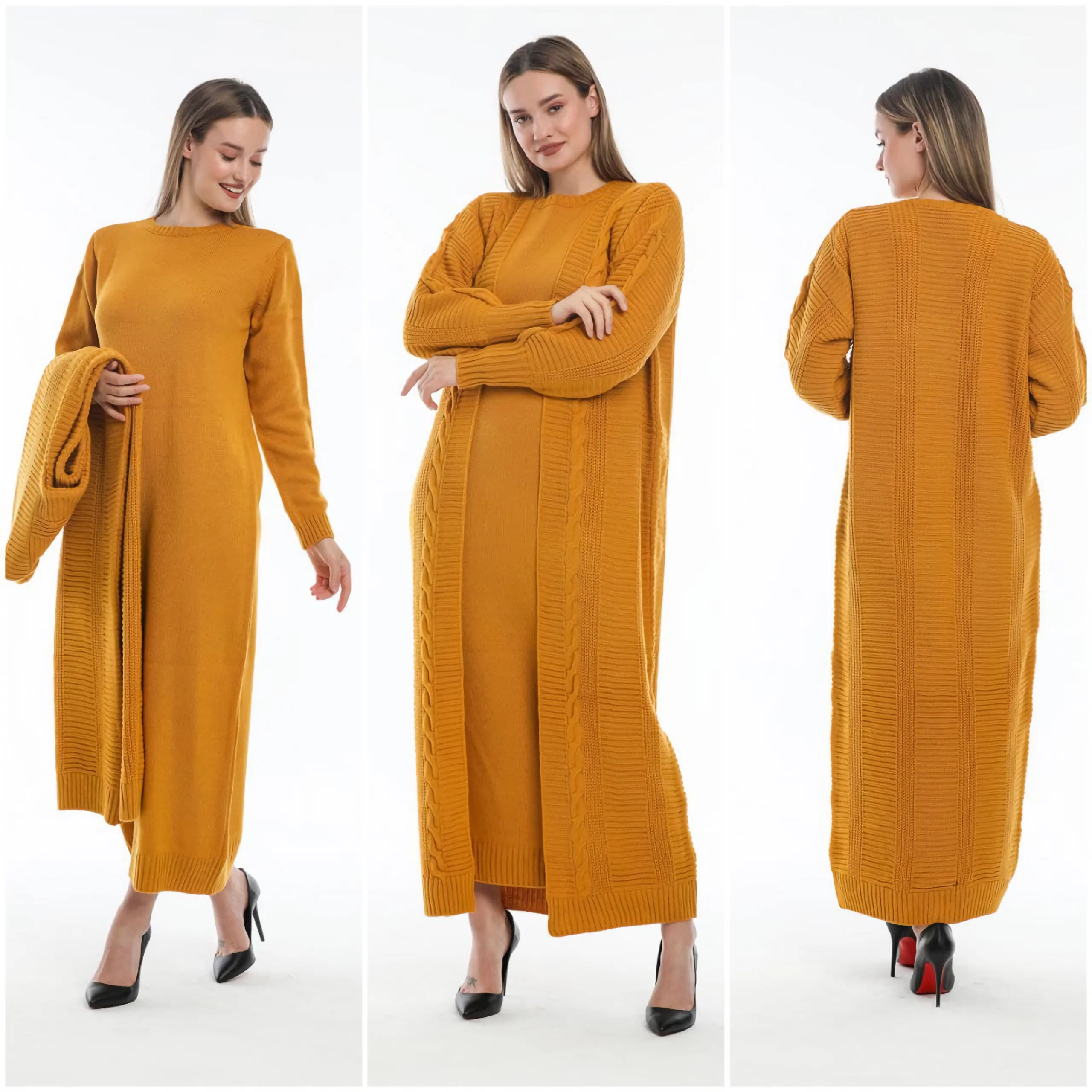 2Pcs Muslim Women Knitted Dress Cardigan Knitwear Modest Clothing African Hijab Islamic Turkey Dubai Abaya Long Sleeve Winter