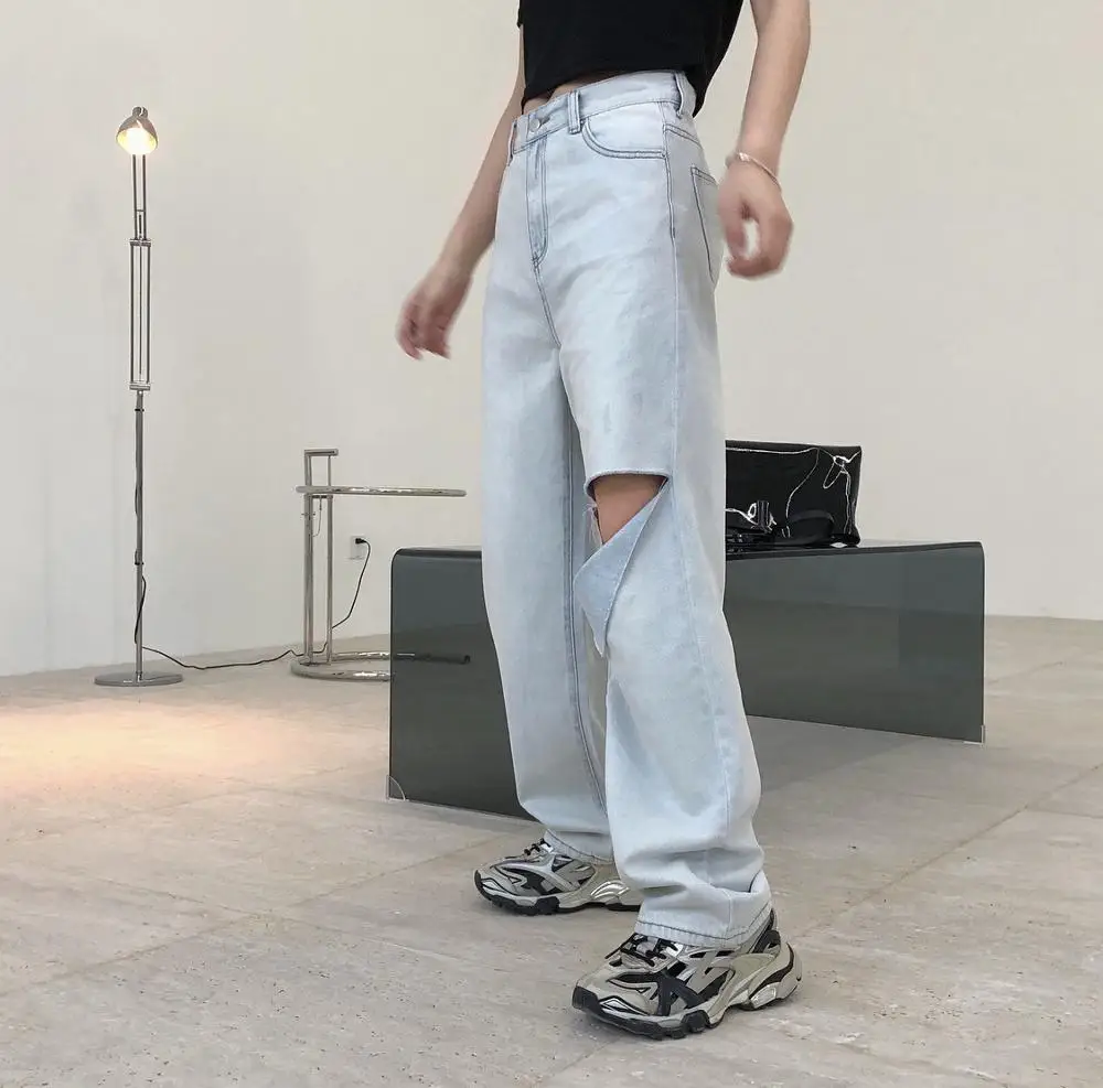 woman straight long jeans with hole