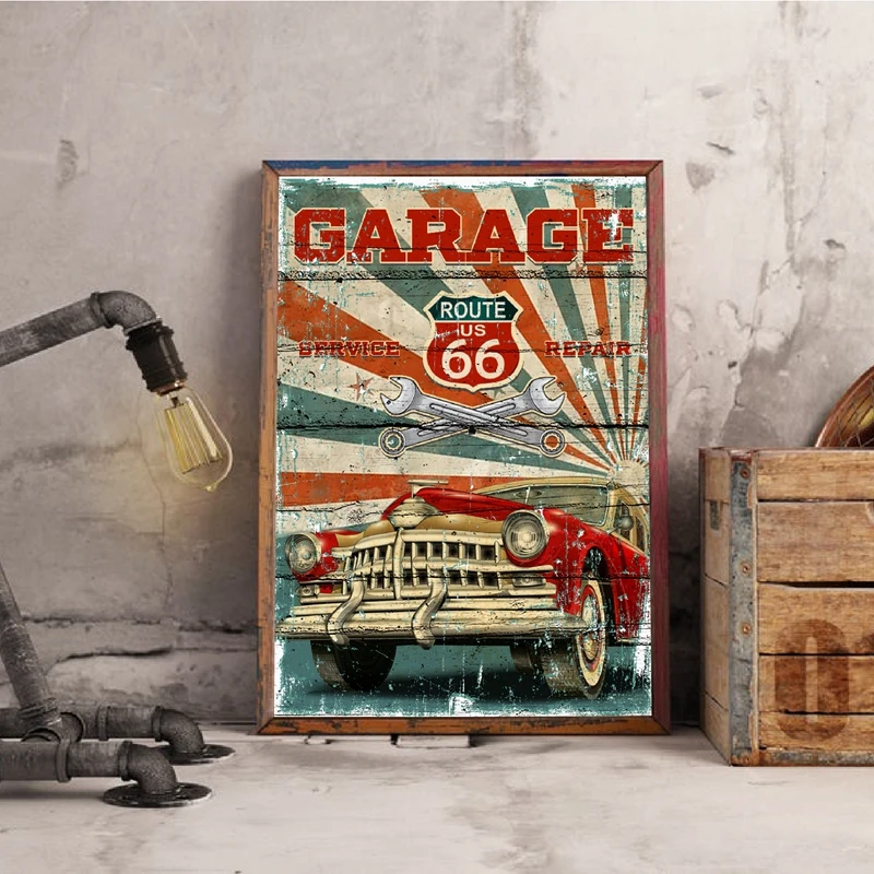 Плакат для старых американских автомобилей Route 66 Декор стен гаража обслуживание