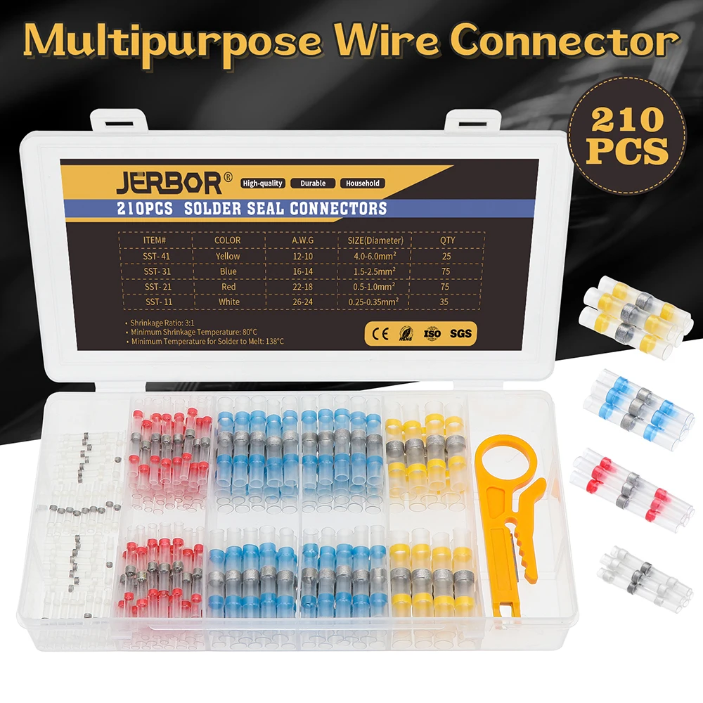 

Jerbor 210PCS Solder Seal Wire Connectors, Crimpless Heat Heat Shrink Cable Sleeves, Waterproof Insulated Solder Wire Connectors