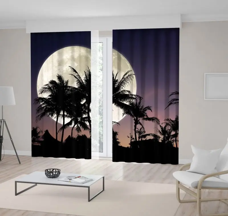 

Curtain Super Moon Night Sky Palm Trees Houses Tropic Landscape Purple Black White Fantasy View Printed