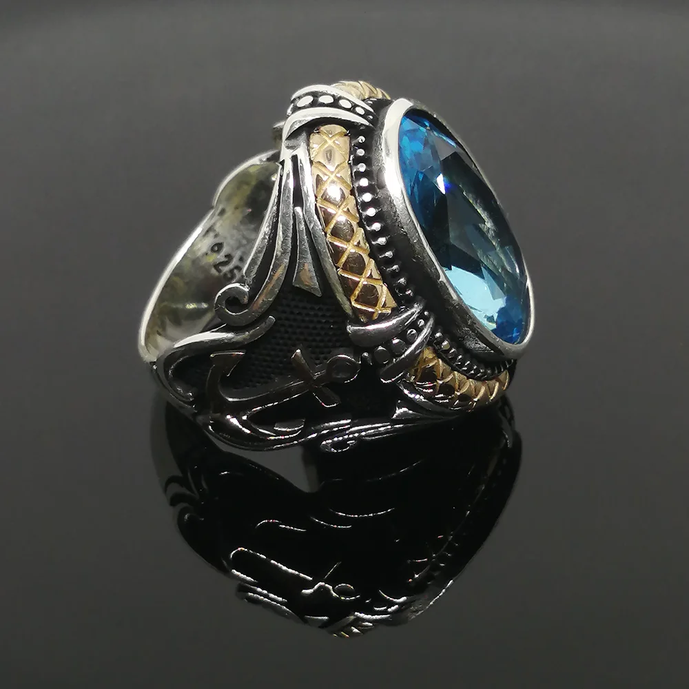 Bague de marin injecteur pour homme, pierre d'aigue-marine naturelle, argent regardé 925 pur, côtés plaqués or, bijoux turcs faits à la main