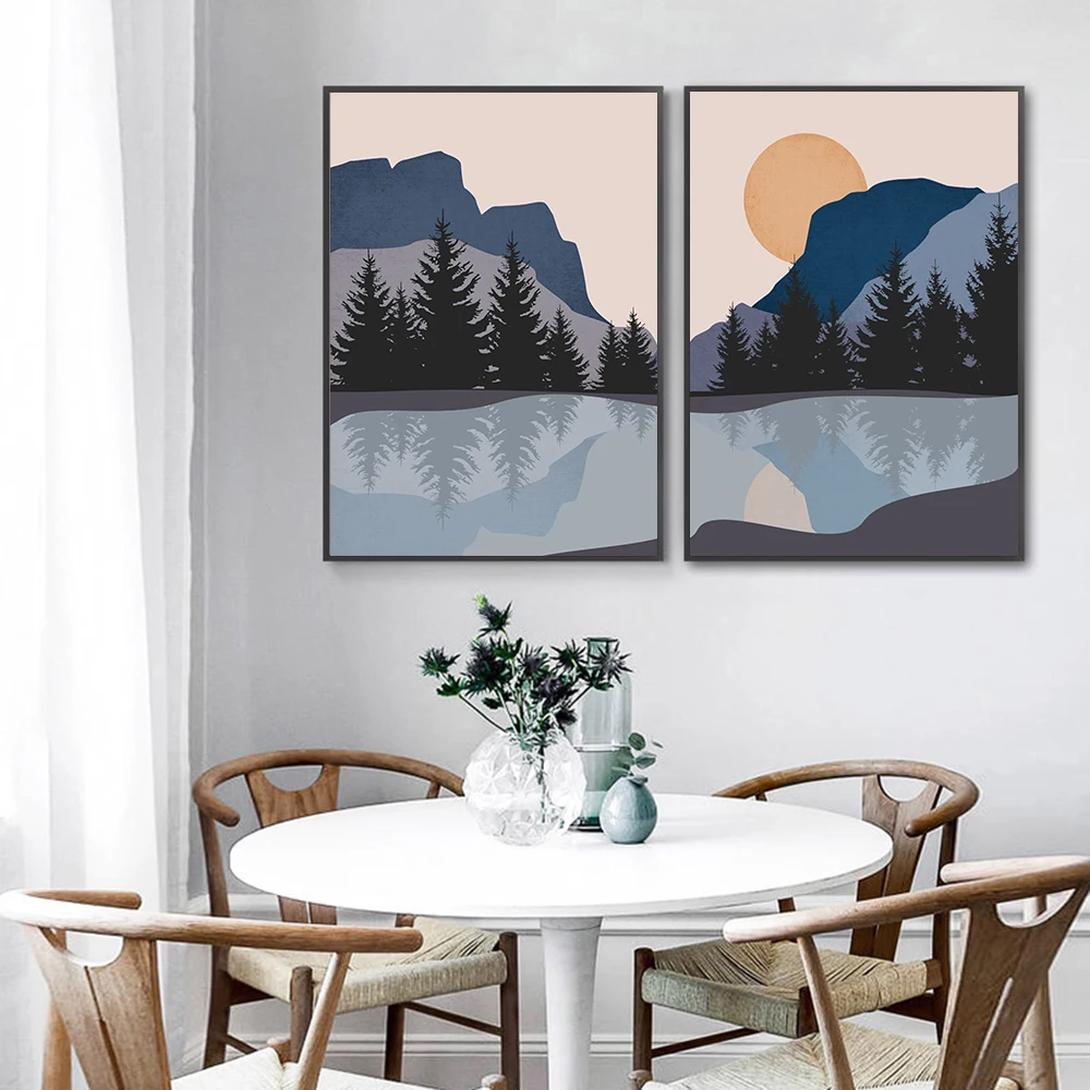 

Natural Landscape Wall Art Print Blue Mountain Poster Abstract Canvas Painting Nordic Huge Lake Picture Living Room Boho Decor
