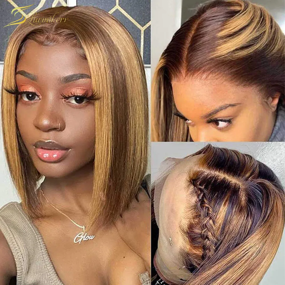 

Ombre Blonde Brown Highlight Wig Human Hair Full 13x6 Straight Lace Front Wig Short Blunt Bob HD Lace Frontal Wig Preplucked 250