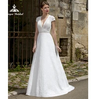 elegant v neck lace a line wedding dress 2022 bridal gown short cap sleeve sweep backless floor length robe de soir%c3%a9e de mariage