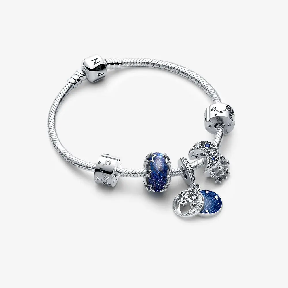 

Galaxy Blue Sterling Silver Bracelet Set Fit Original Pandora Charm Pendent Bead Super Valued Classic Gift For Women With Box