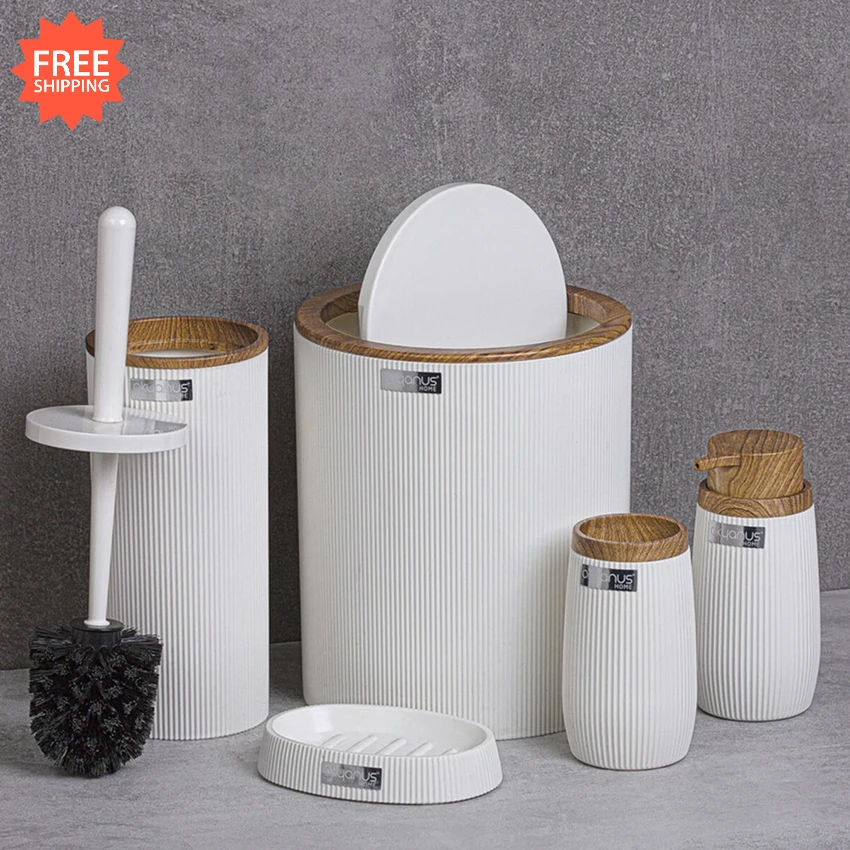 oceanland wooden striped round 5 piece bathroom set toilet brush dispenser dustbin hard plastic free global shipping