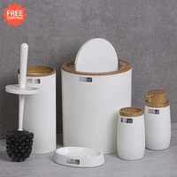 OceanLand Wooden Striped Round Piece Bathroom Set Toilet Brush Dispenser Dustbin Hard Plastic