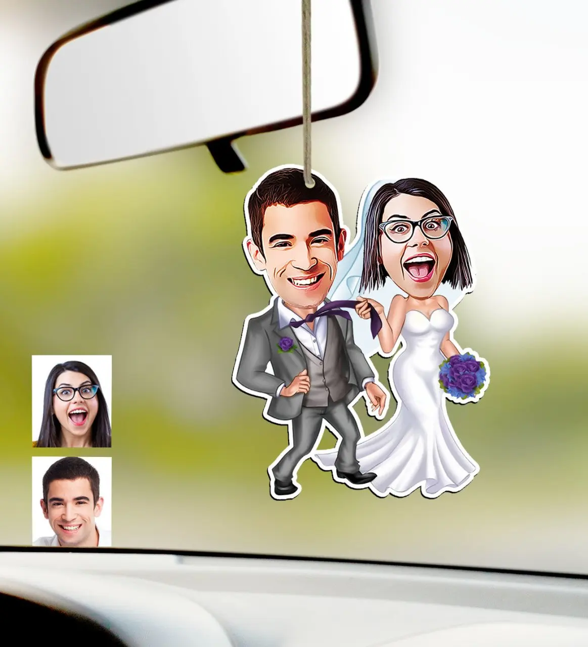 

Personalized Maried Caricature Of Wood Car Rearview Mirror Süsü-6