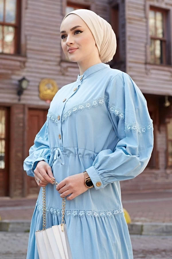 

Мусульманская одежда с рюшами для женщин, мусульманское модное платье, длинное голубое платье с круглым вырезом, Дубай, Мубарек
