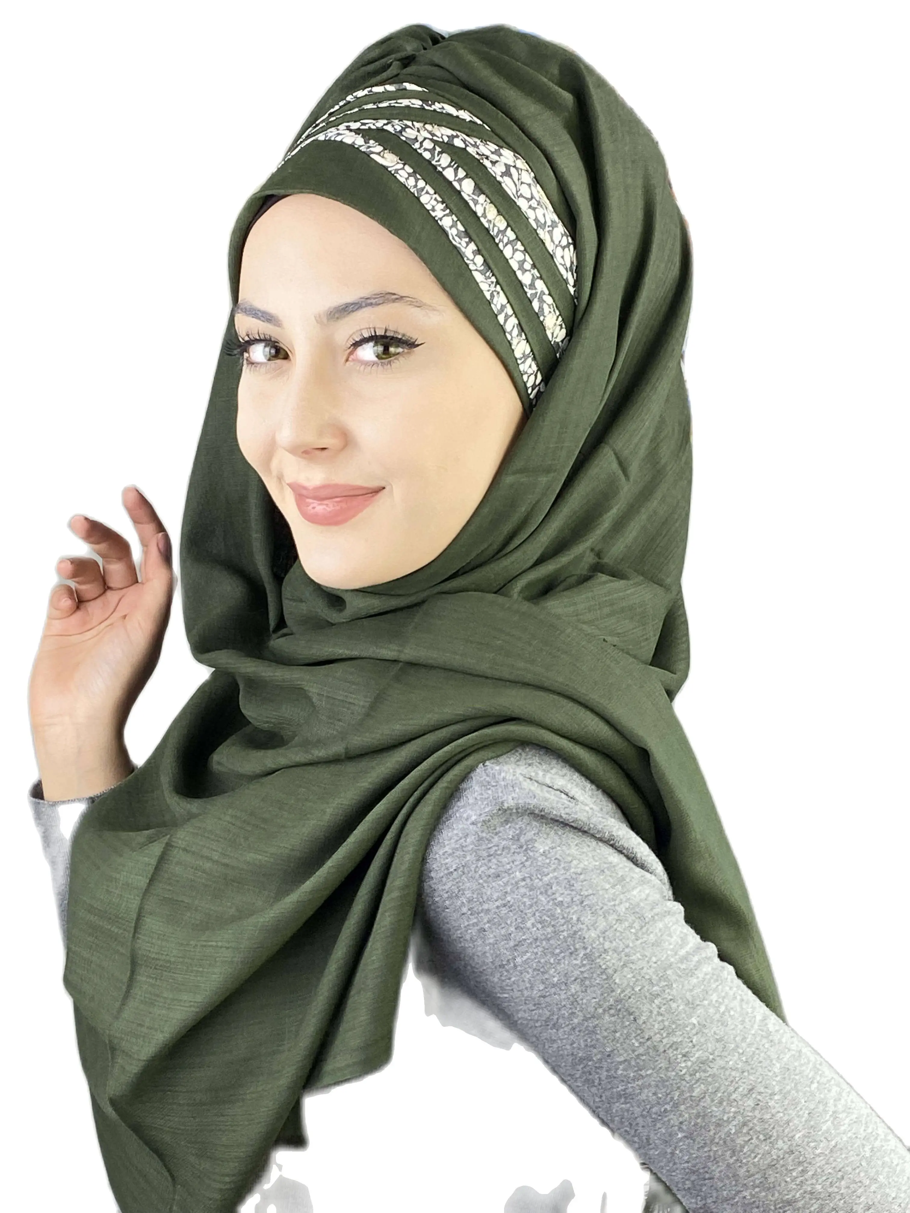 2022 Hijab Women's Hat Spring Summer New Fashion Islam Scarf Bonnet Muslim Glittery White Spotted Dark Green Cross Draped Shawl