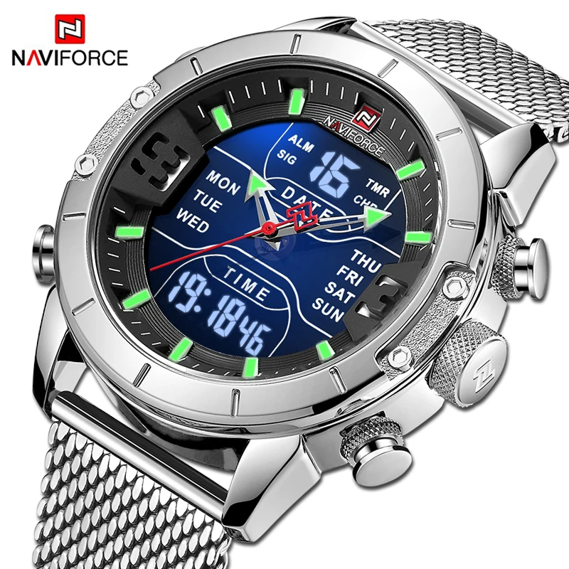 NAVIFORCE мужские часы Топ люксовый бренд мужские спортивные часы мужские кварцевые светодиодный цифровые часы мужские полностью стальные военные наручные часы