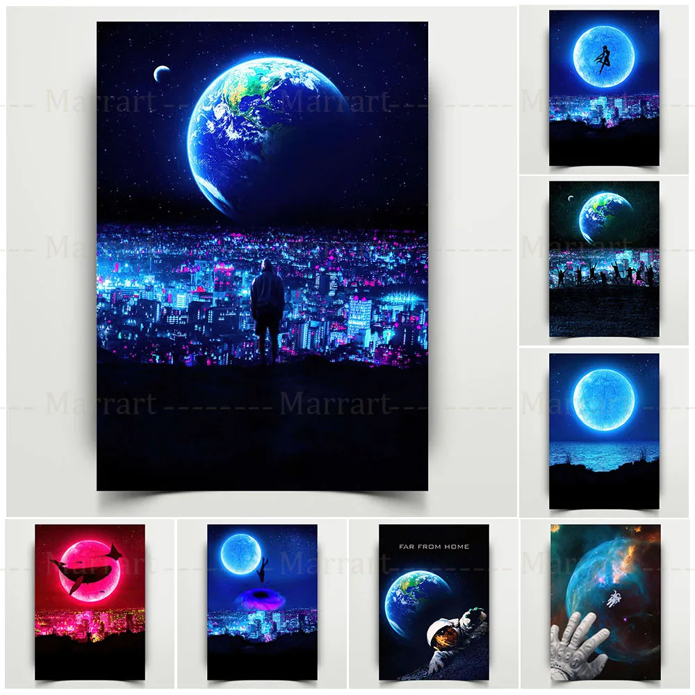 

Earth And Moon Punk Style Poster Print Surrealist Planet Art Canvas Prints Modern Aviation Art Home Decoration Wall Art