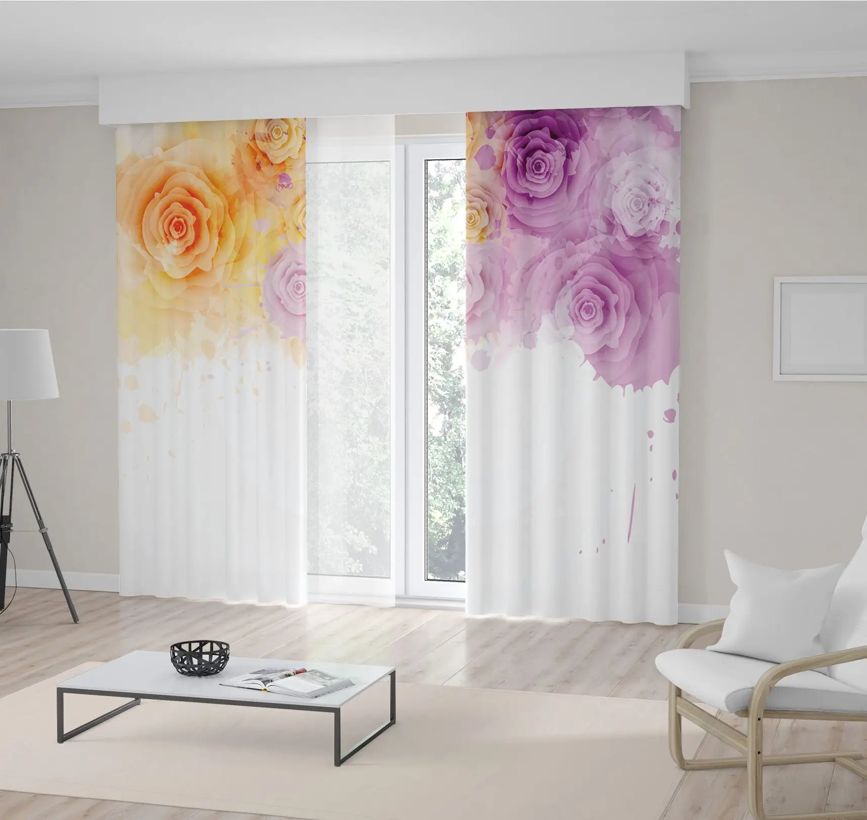 

Curtain Roses Watercolor Style Art in Fuchsia and Yellow Bright Colors Fun Romantic Theme