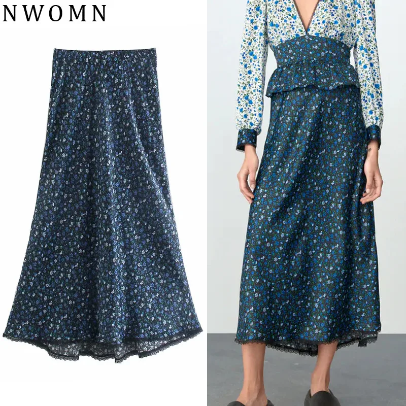 

NWOMN Za Women Blue High Waist Skirt Woman Floral Elegant Long Skirts Ladies Fashion Boho Lace Skirts Midi A Line Summer Skirt