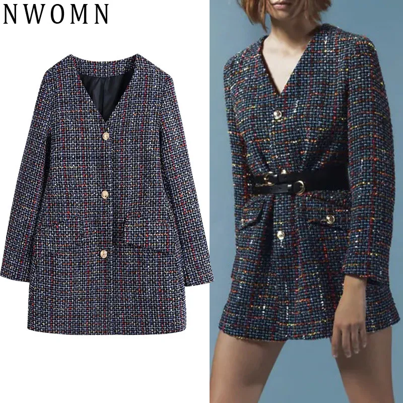

NWOMN Textured Vintage Coat Women Tweed Long Blazer Female Office Elegant Button Jackets Autumn Long Sleeve Pocket Long Coats
