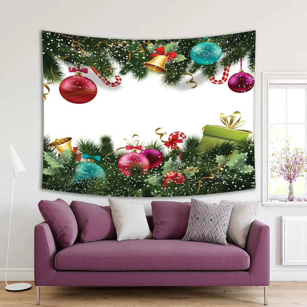

Tapestry Merry Christmas and Happy New Year Decor Green Fir Twigs Bells Red Fuchsia Blue Colorful Ornaments Snowflakes Printed