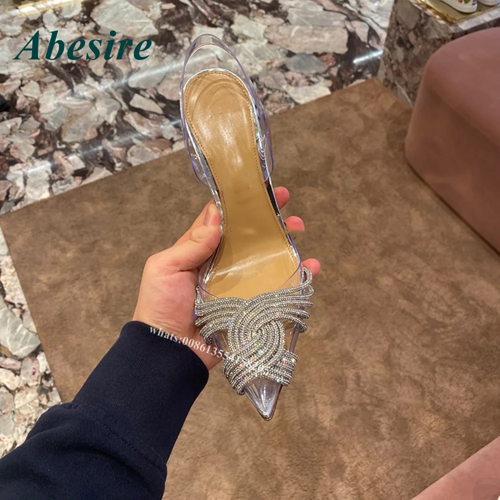 Pvc Crystal Ankle Strap Pumps 2022 New Twist Rhinestone Pointed Toe Stiletto Women Pumps High Heels Summer Silver Designer Sexy