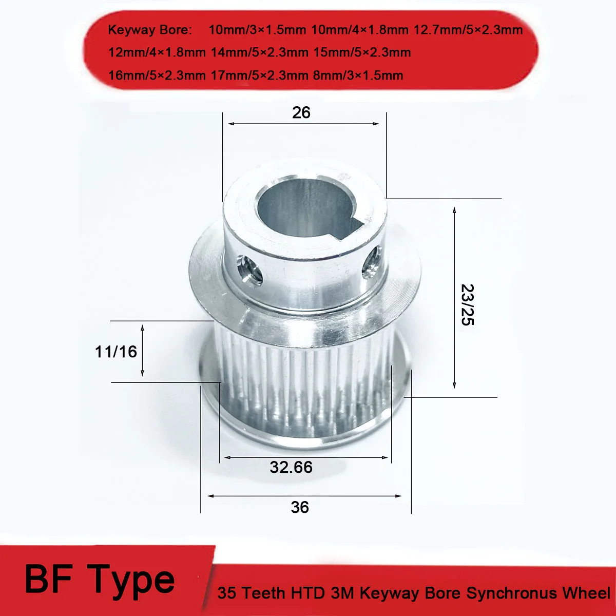 

BF 35 Teeth HTD 3M Aluminium Timing Pulley 8/10/12/12.7/14/15/16/17mm Keyway Bore Synchronus Wheel For Width 10/15mm Timing Belt