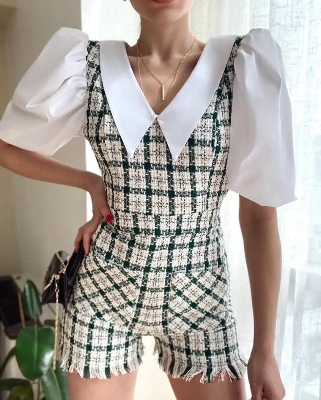 

2021 Summer Women Neck Detailed Tweed Shorts Jumpsuit