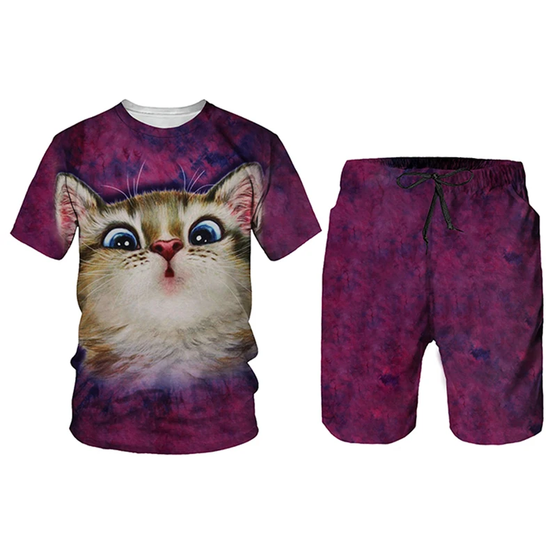

Cat 3D Printing Summer Cute 6 Colors Beautiful Two-piece Set Men's Women's T-shirt Shorts Suit Casual High Quality