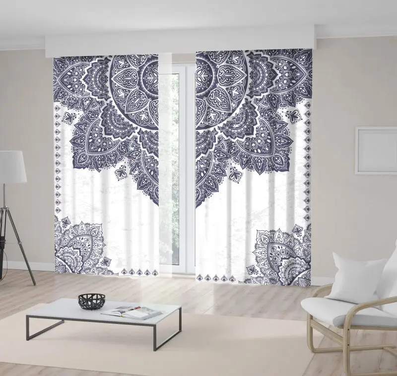 Занавес цветочный орнамент Этническая Мандала хна стиль синий и белый винтажный