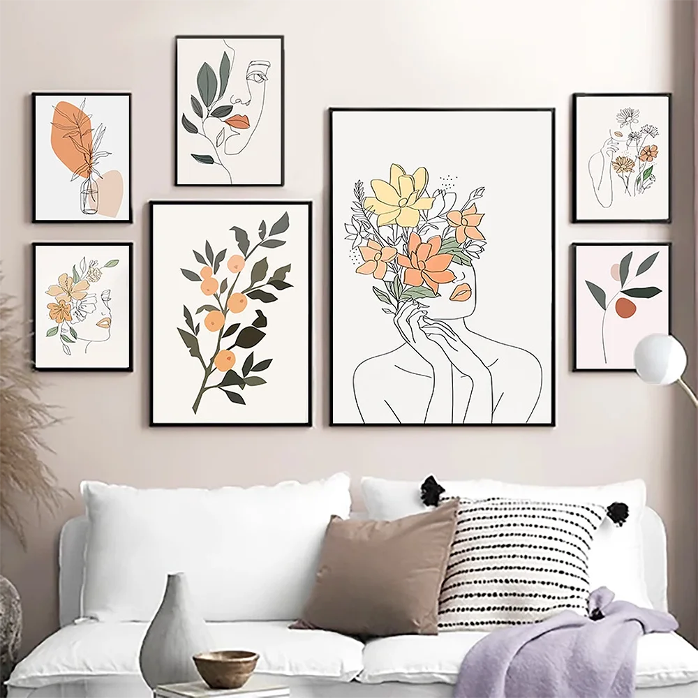

Abstract Girl face Line Drawing Art Prints Watercolor Flower Leaves Poster Minimalist Wall Art Canvas Pictures Painting Decor