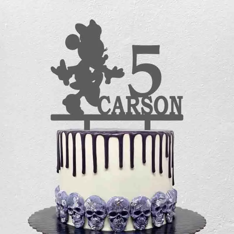 Topper de pastel de cumpleaños personalizado para niñas, decoración de pastel de fiesta de cumpleaños con nombre personalizado de la edad, dibujos animados de Minnie para niños