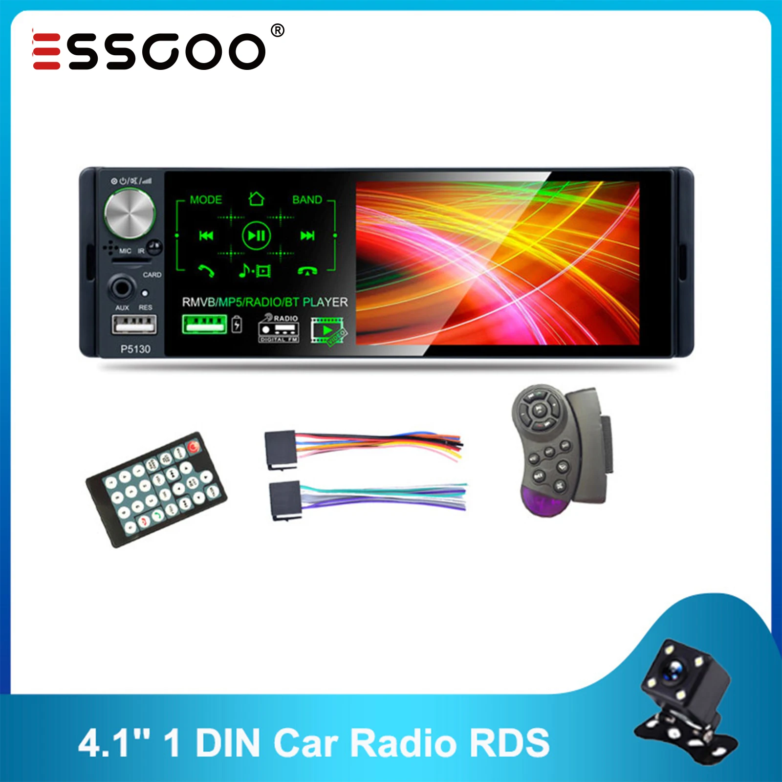 

ESSGOO 4.1'' Car Radio 1 DIN RDS AM BT FM TFT Screen Autoradio Stereo USB TF AUX Supports Rearview Camera Steering Wheel Control
