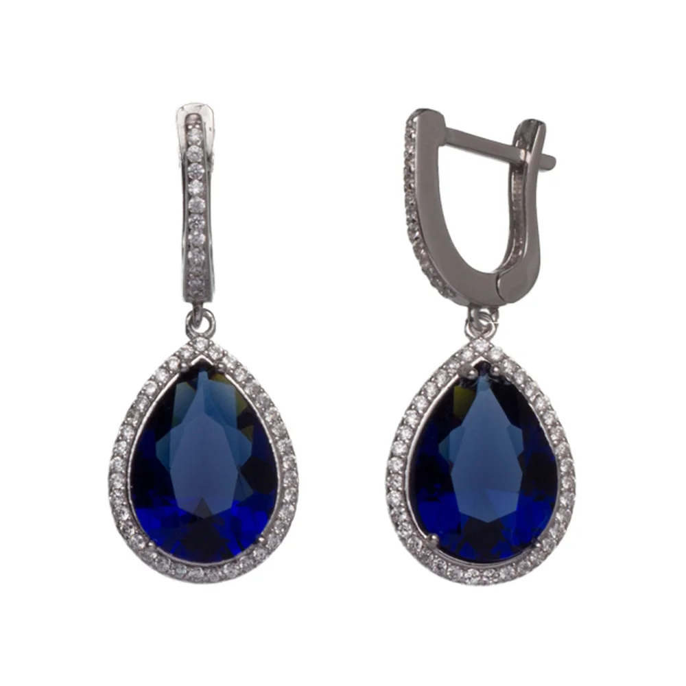 

925 Sterling Silver Dangle Earrings Teardrop Shape Aquamarine Stone Turkish Handmade SPENTA