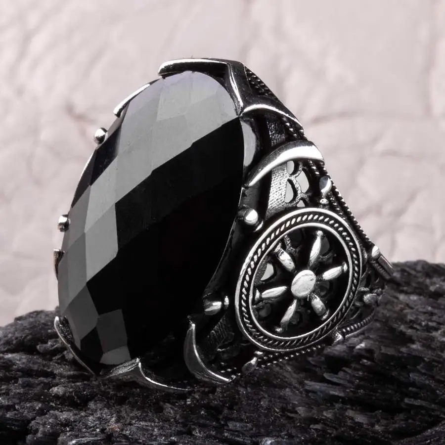 

Facet Cut Zircon Stone Silver Mens Ring with Rudder Pattern Fashion Turkish Premium Quality Handmade Jawelery