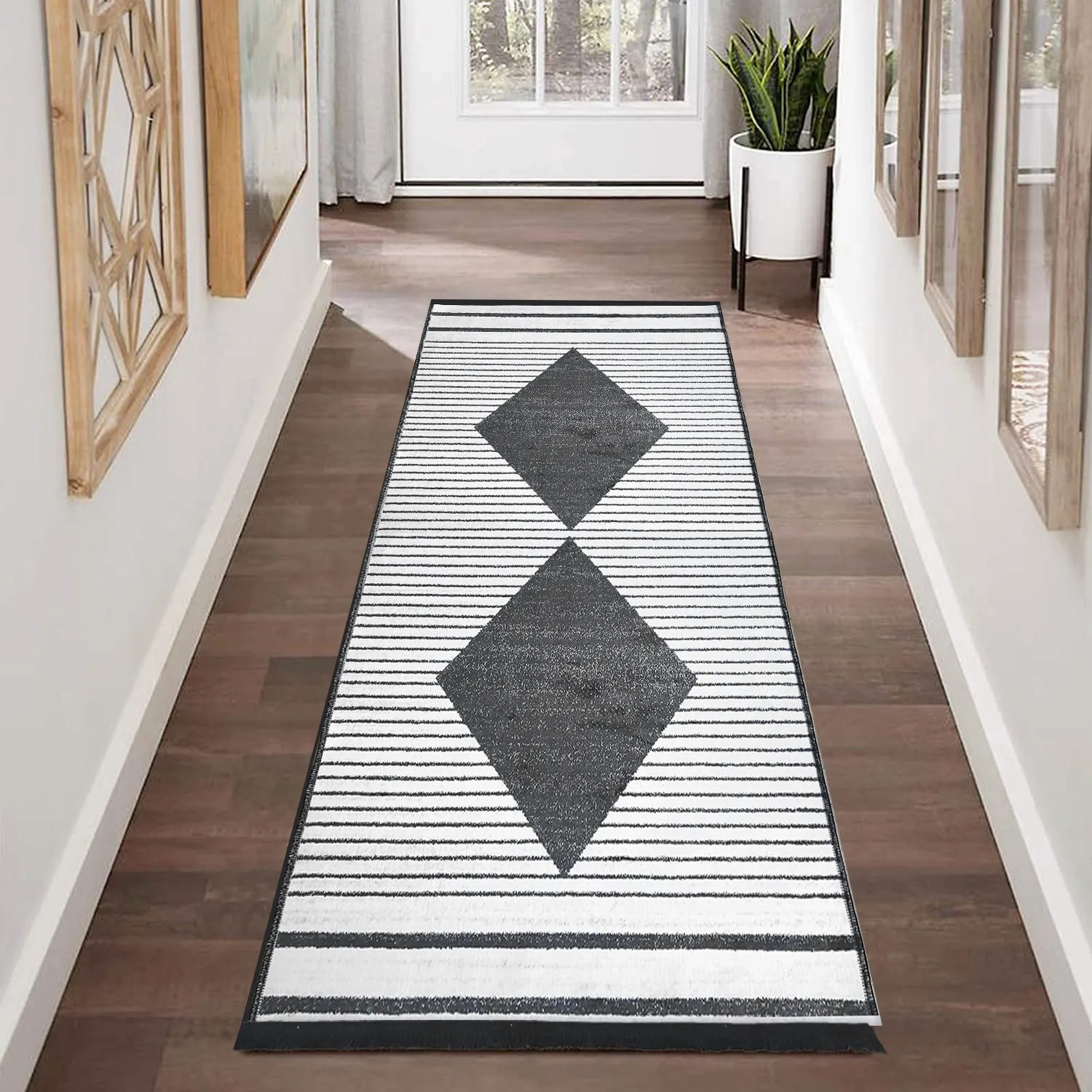 

Else Bakon Washable Gray White Bohemian Squarehead Runner Rug Carpet BK01