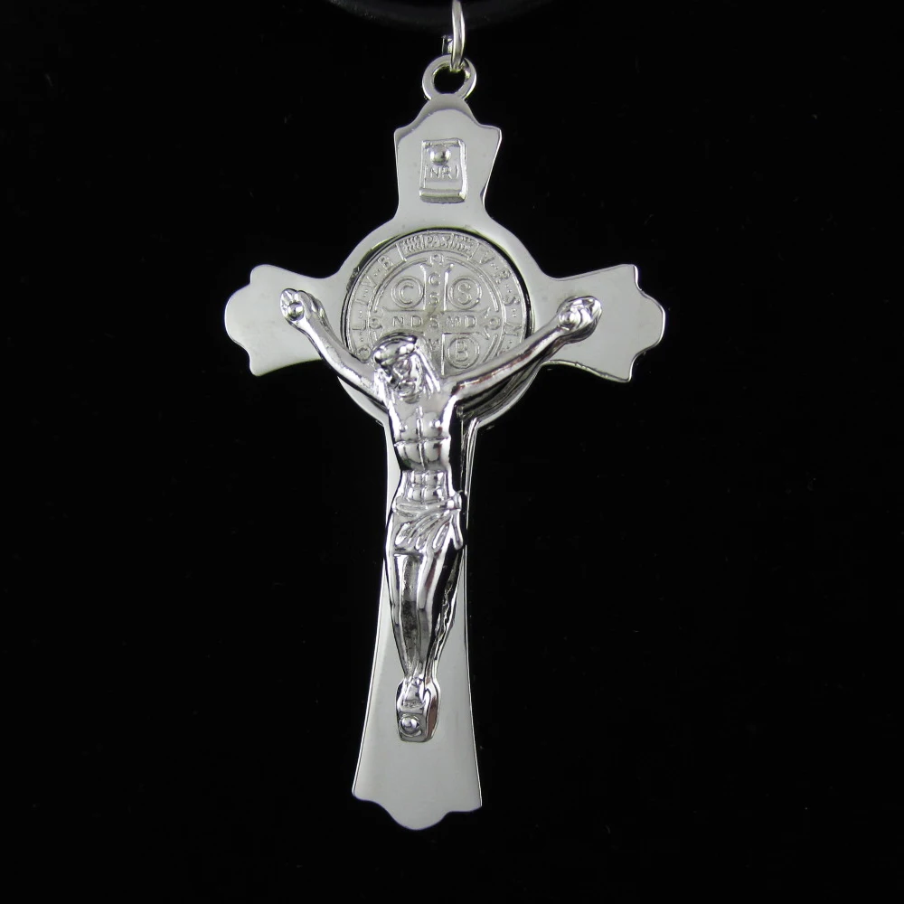 Высокое качество Серебряный Крест Святого Бенедикта Распятие с кожаным