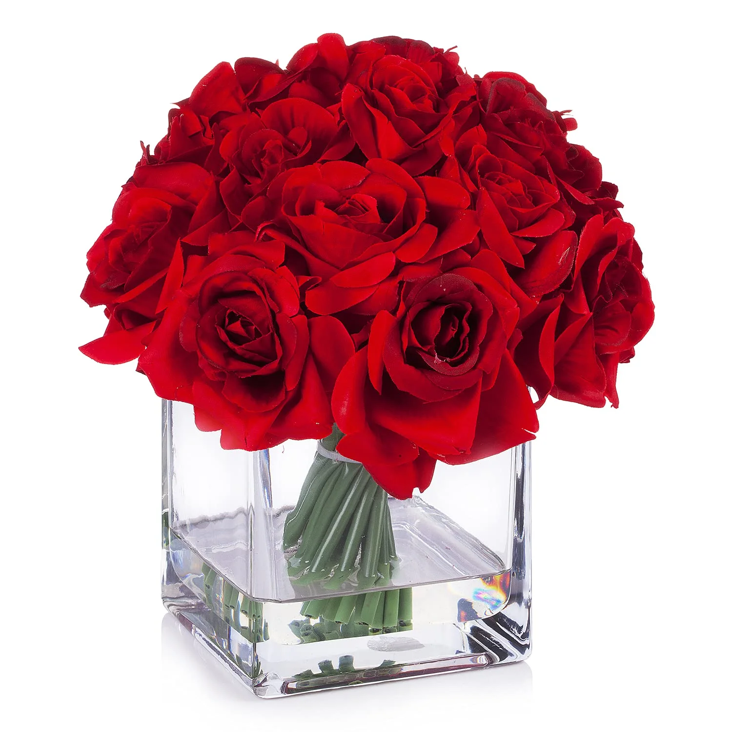 

18 Pieces Artificial Silk Roses Fake Flower Arrangement Cube Glass Vase with Faux Water for Home Office Wedding Decoration