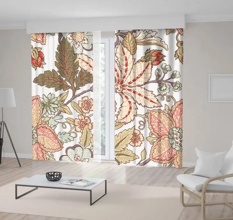 

Curtain Vintage Flower Pattern Summer Blossoms Leaves Plant Branches Oriental Art Red Green Beige