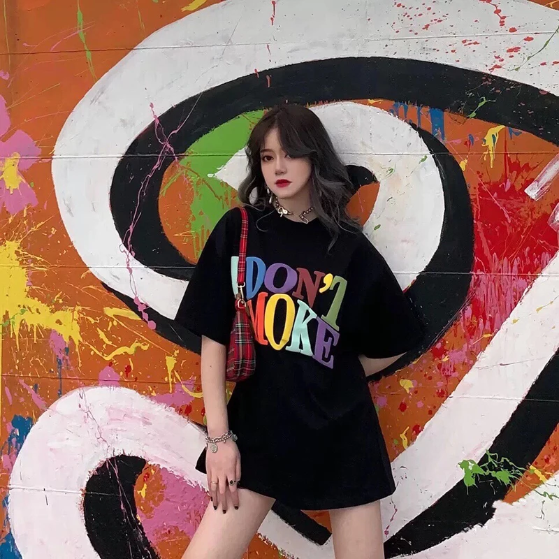 

Cool Couples Loose T-shirts Colorful Letters Printer Clothes Cotton Tee For Women Man Short Sleeve Lovers Loose T-shirt Summer
