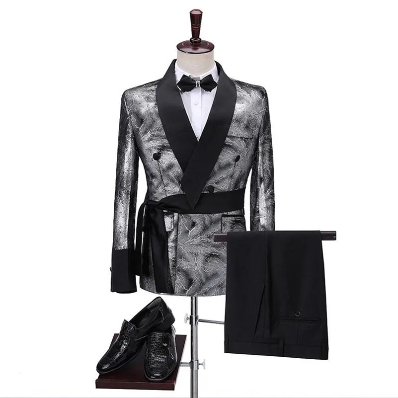 

Latest Coat Pant Designs 2021 Slim Shiny Silver Smoking Jacket Italian Tuxedo Dress Double Breasted Men Suits For Wedding Groom