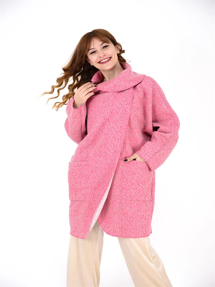 Shawl Collar Pink Color Midi Length Felting Fabric Women Winter Coat 2022 New Fashion Women's Jackets Chic Style Outwear