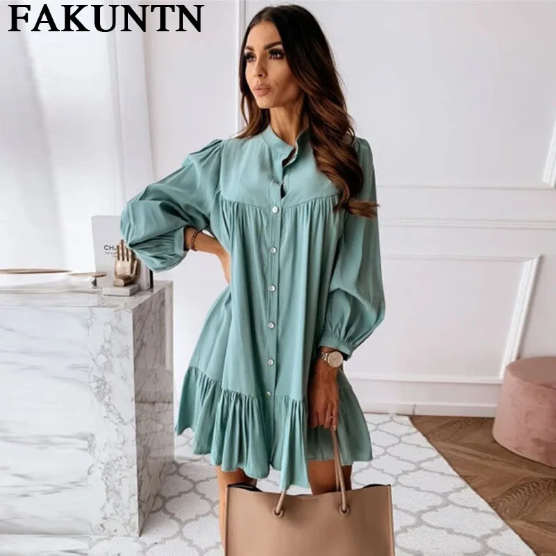 

Casual Shirt Summer Dress Women 2021 Spring Fashion Long Sleeve Female Robe Holiday Ruffle Sundress Elegant Mini Dress Vestidos