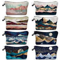oil painting mountain forest printing casual makeup bag women cosmetic bags zipper organizer pencil cases heat transfer gift bag
