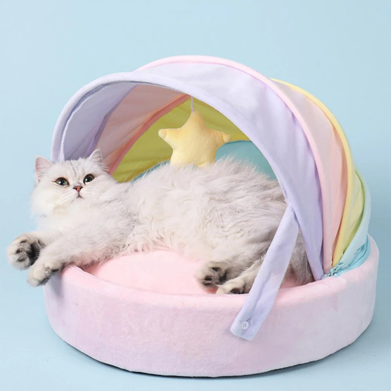 

Rainbow Pet Dog Cat Bed House Soft Cozy Breathable Deep Sleep Kitten Puppy Sleep Nest Home Pad Cushion For Cat Bed Mat StarsToy