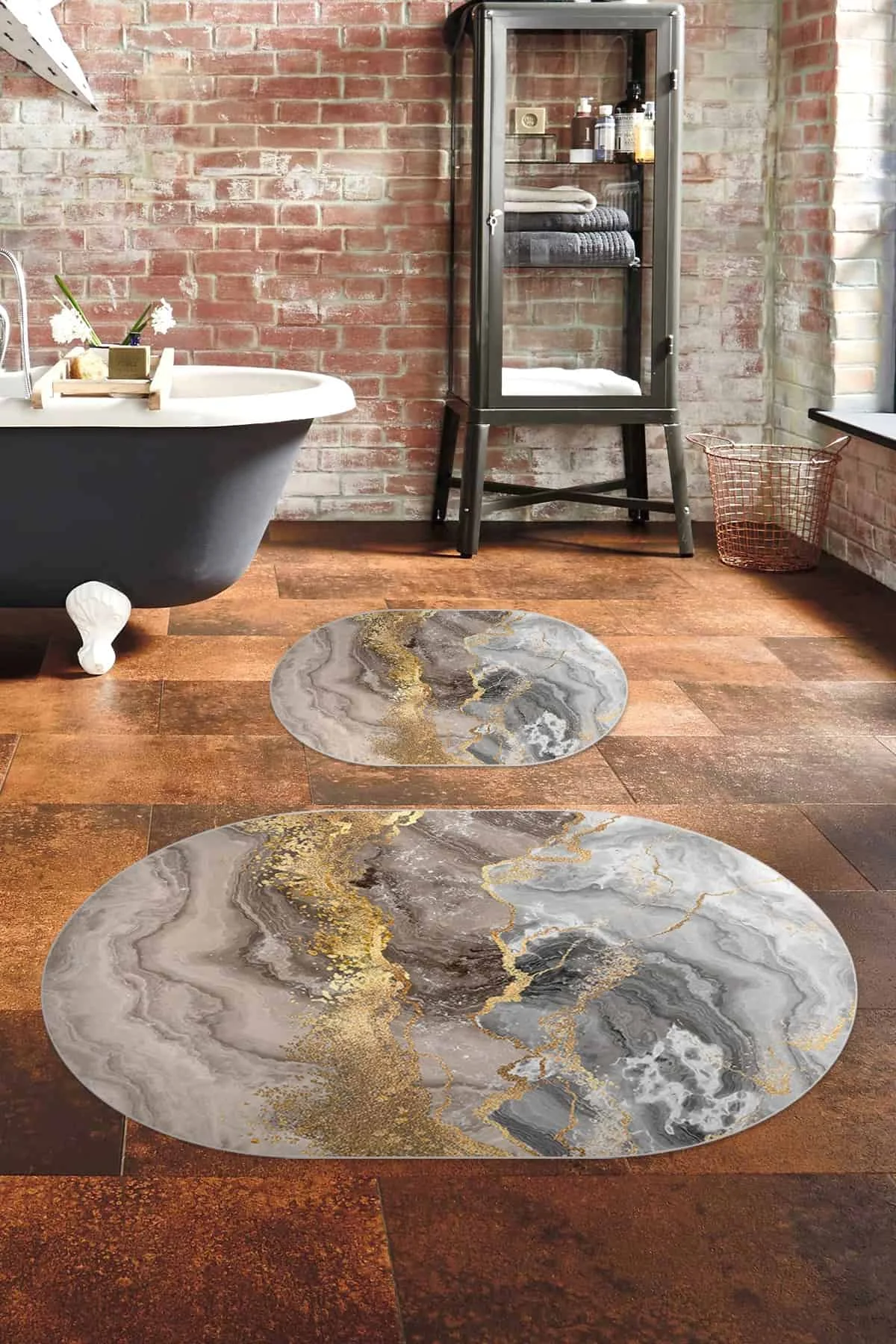 Bath Mat Oval  Grey Red Gold Marble Pattern Bathroom Rug Toilet Carpet 2 Piece Set Non-Slip Home Decor Modern Floor Soft Bamboo