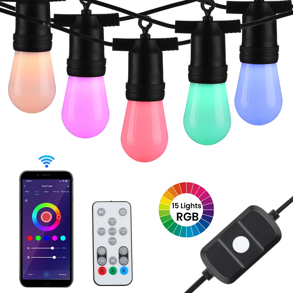 

SUNYIMA APP Control S14 48Ft 15 LED Strings Light Outdoor RGB Garden Lamp IP65 Christmas Decoration 15M Strings Fairy Lights