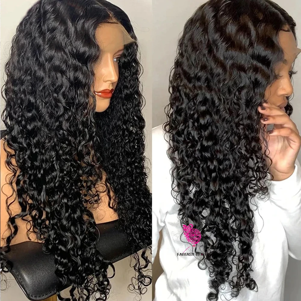 

Water Wave Synthetic Lace Front Wigs Black Hair For Women Half Hand Tied Synthetic Wigs With Baby Hair Loose Curly T Part Daily