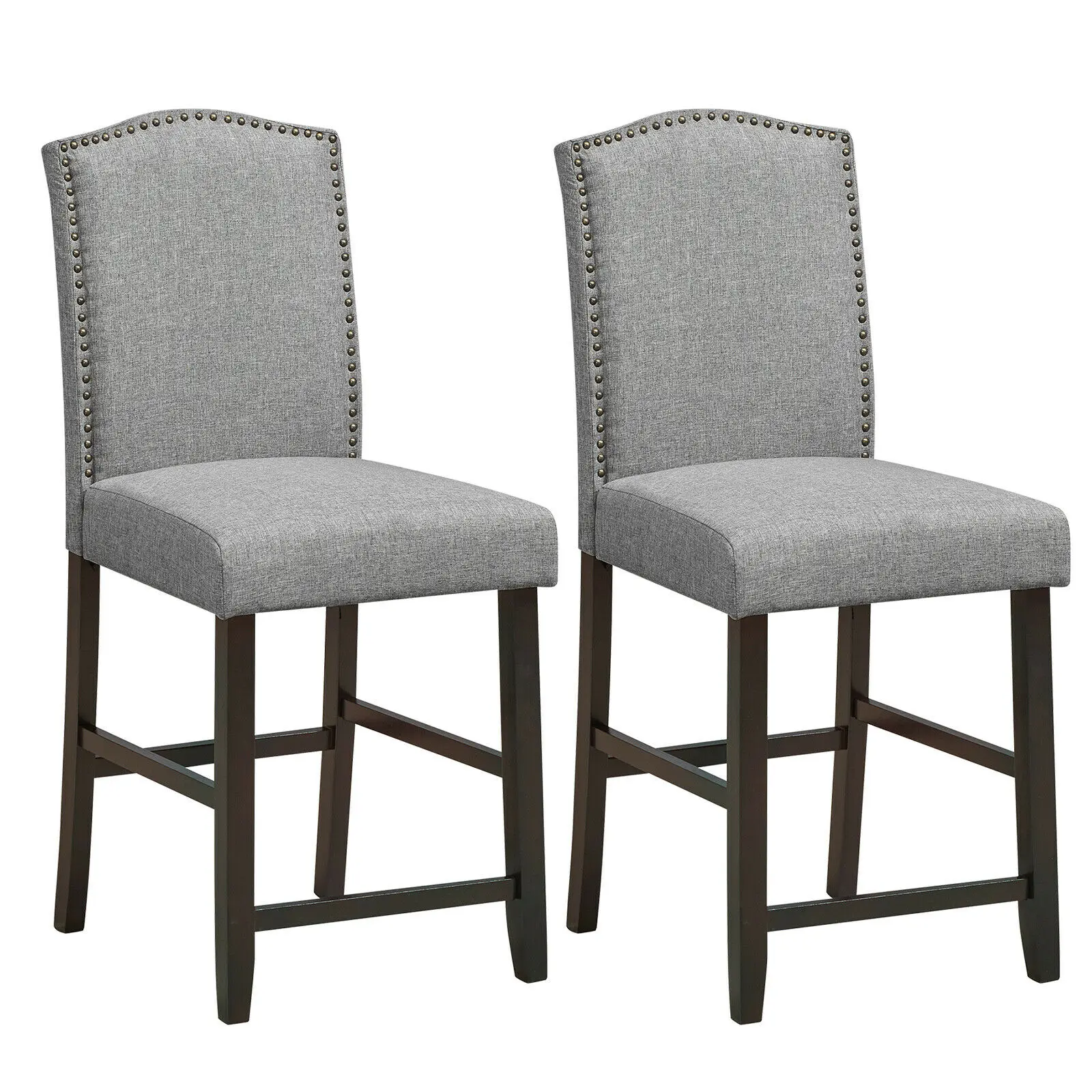 

Set of 2 Fabric Barstools Nail Head Trim Counter Height Dining Side Chairs Beige/Grey