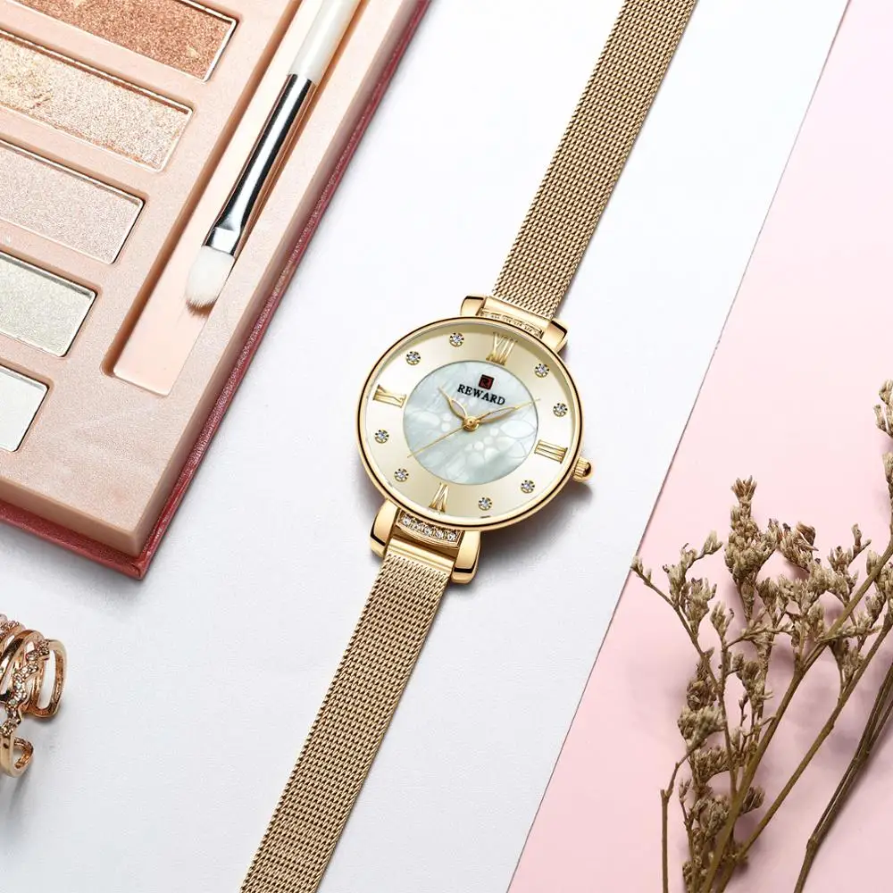 REWARD Fashion New Women Watches Pearl Dial Mesh Strap Quartz Japanese Movement Waterproof Wristwatch Girl Clock Relogio Feminin