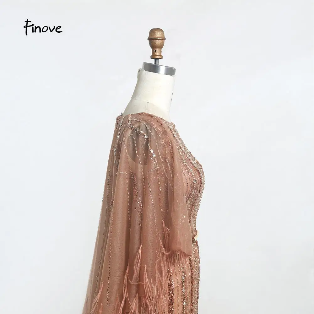 Finove Vintage Evening Dress Long 2020 New Noble Champagne Mermaid O Neck Beaded Feathers With Cloak Party Gowns Plus Size | Свадьбы и